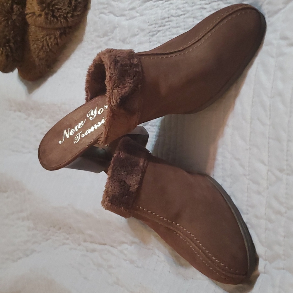 Brown Suede and Faux Fur Mules‎